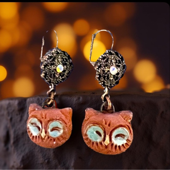 Handmade Owl earrings with rhinestones  Handcrafted NWT - Picture 3 of 10